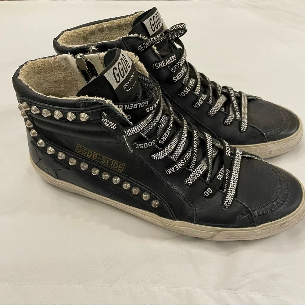 Golden Goose Women's Slide Black with‎ Studs size 41, US 11 with Swarovski Laces